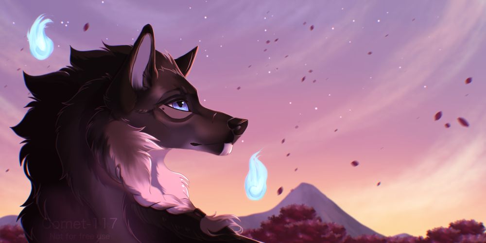 A portrait of a wolf at sunset. There are small, wispy balls of light floating around the wolf's head. In the background, there is a mountain range and a line of trees in front of that. Leaves from the trees are blowing in the wind, and stars are visible higher in the sky.