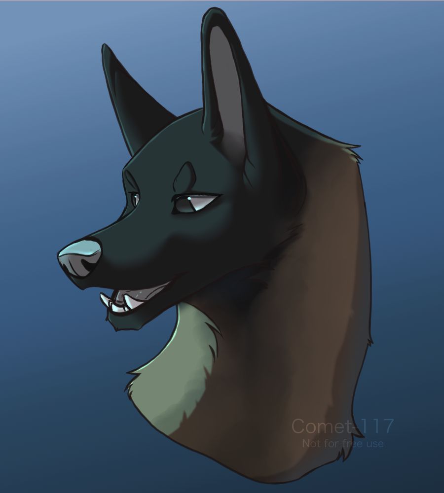 A headshot of a dog character on a simple background that fades from light to dark from top to bottom. He has short fur and tall ears, and his mouth is slightly open. He is facing left, but his eyes are looking in the direction of the viewer. 