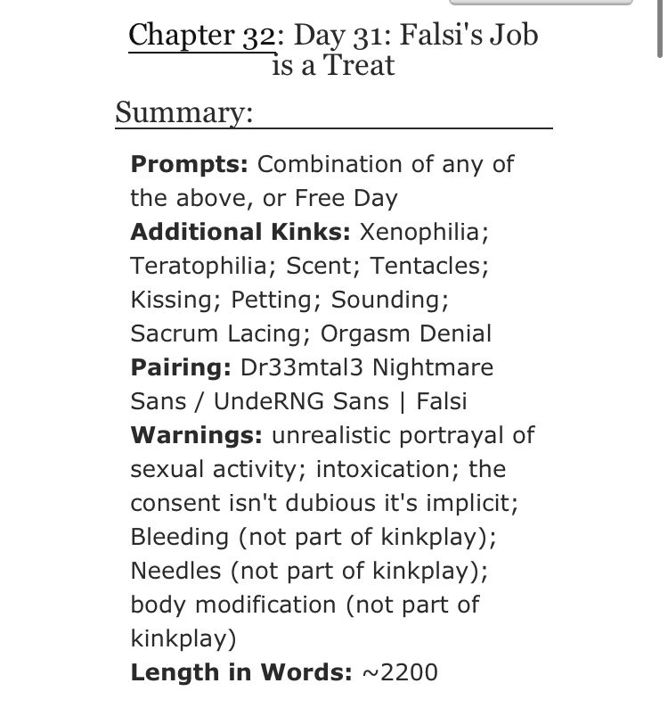 Day 31: Falsi's Job is a Treat

Prompts: Combination of any of the above, or Free Day

Additional Kinks: Xenophilia; Teratophilia; Scent; Tentacles; Kissing; Petting; Sounding; Sacrum Lacing; Orgasm Denial

Pairing: Dr33mtal3 Nightmare Sans / UndeRNG Sans | Falsi

Warnings: unrealistic portrayal of sexual activity; intoxication; the consent isn't dubious it's implicit; Bleeding (not part of kinkplay); Needles (not part of kinkplay); body modification (not part of kinkplay)

Length in Words: ~2200