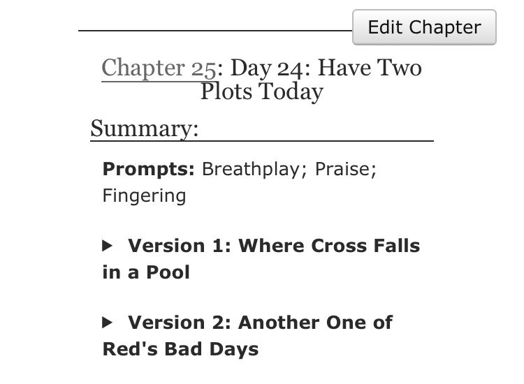 Day 24: Have Two Plots Today

Prompts: Breathplay; Praise; Fingering

Version 1: Where Cross Falls in a Pool

Version 2: Another One of Red's Bad Days