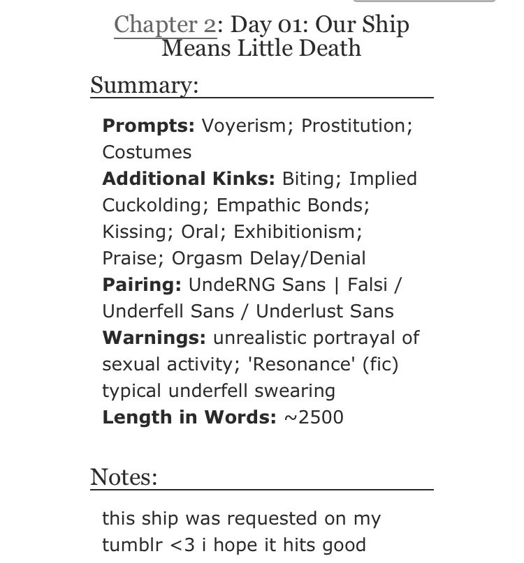 Day 01: Our Ship Means Little Death

Prompts: Voyerism; Prostitution; Costumes

Additional Kinks: Biting; Implied Cuckolding; Empathic Bonds; Kissing; Oral; Exhibitionism; Praise; Orgasm Delay/Denial

Pairing: UndeRNG Sans | Falsi / Underfell Sans / Underlust Sans

Warnings: unrealistic portrayal of sexual activity; 'Resonance' (fic) typical underfell swearing

Length in Words: ~2500