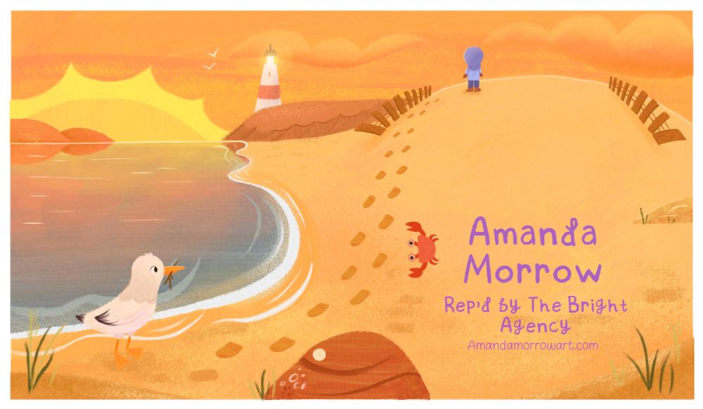 A illustration of a serene beach scene featuring a seagull, a child enjoying the beach, and a red and white striped lighthouse in the background. Warm colors and soft textures create a peaceful atmosphere.