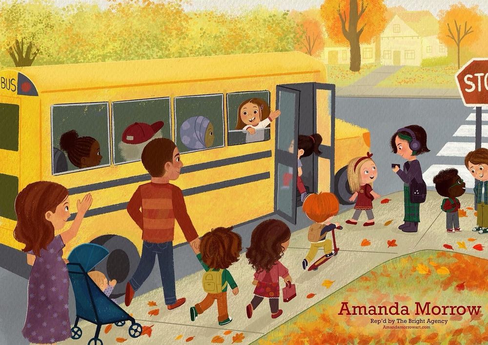 Illustration of kids walking to a school bus. Lots of warm fall colors and a big yellow bus. 
