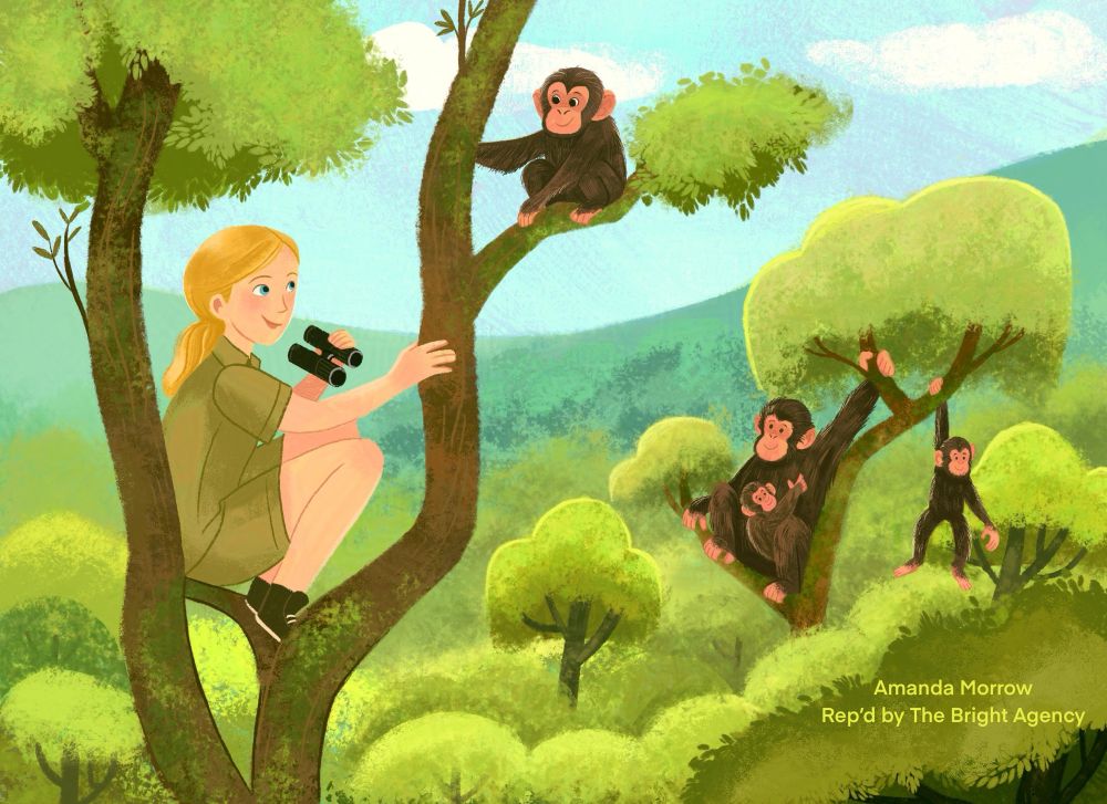 Illustration of Jane Goodall in the trees with chimpanzees 