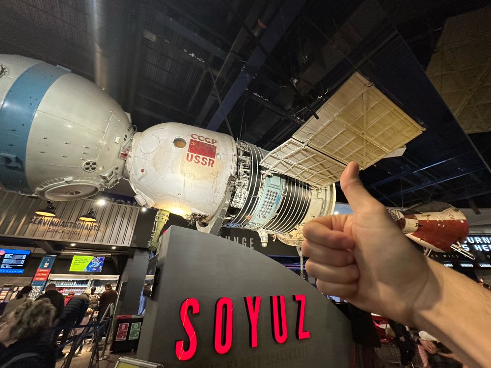 giving a thumbs up to soyuz 7k-ok in leicester england