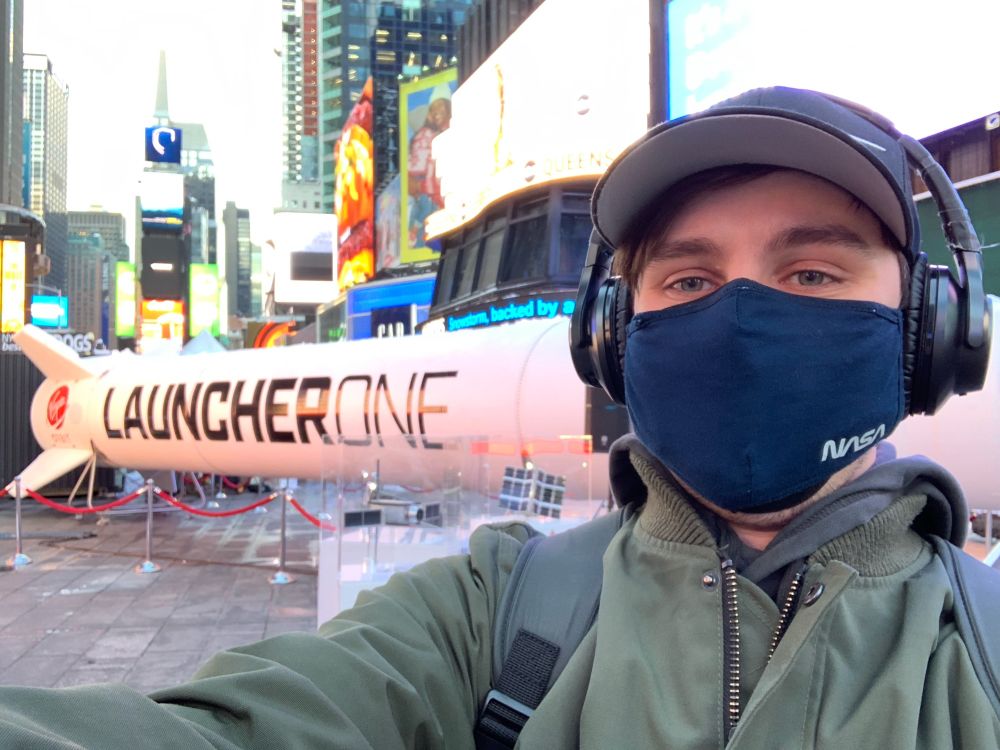 Selfie in front of LauncherOne in Times Square in Winter 