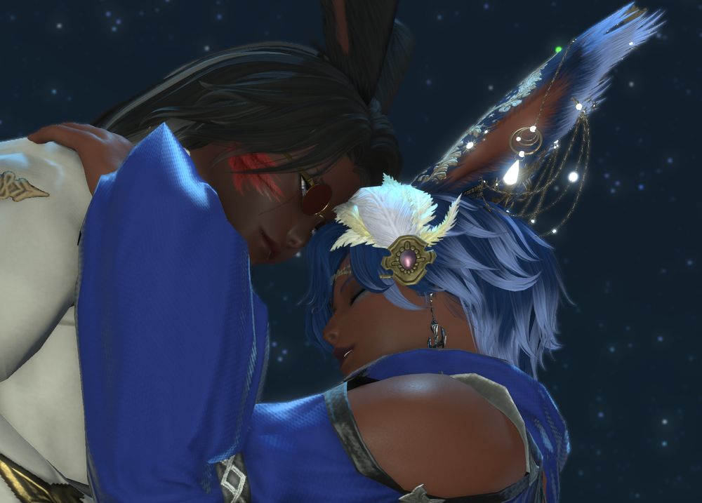 Kai has his left hand on Kriv's shoulder. The two are close to one another. Kriv is gazing down at Kai while Kai has his eyes shut and has the gentlest smile.