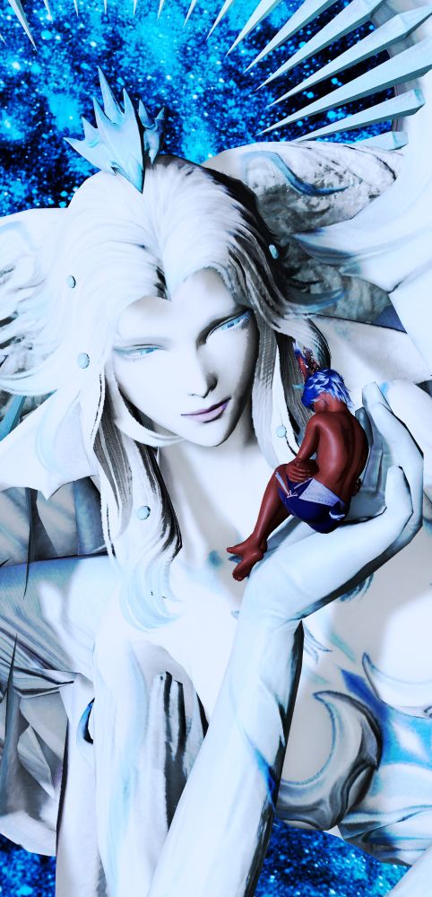 Hydaelyn holding Kai at the palm of her hand. She has a tender and soft smile. Kai is curled up and leaning against her hand.