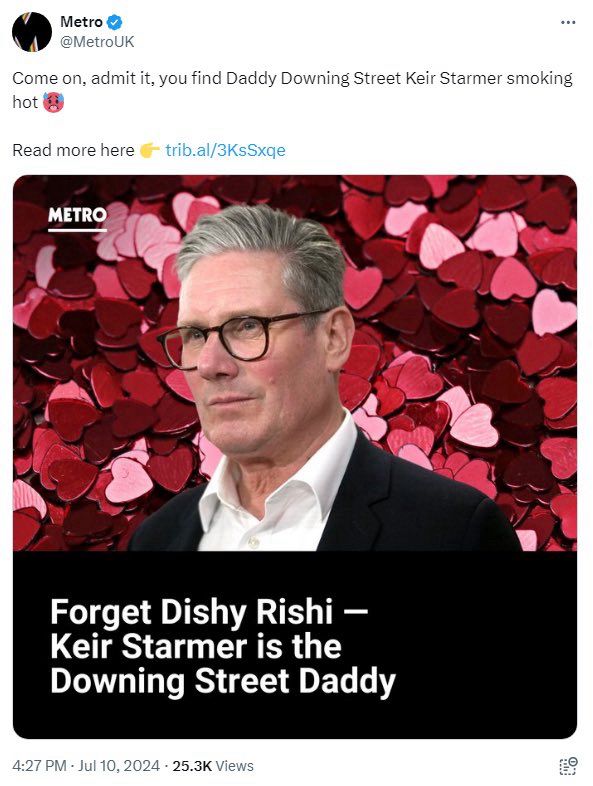 Twitter screenshot of an incredibly cursed Metro article with Kier Starmer’s stupid fucking gormless cunt face declaring him Downing Street Daddy

Metro &
@MetroUK
Come on, admit it, you find Daddy Downing Street Keir Starmer smoking hot
Read more here f trib.al/3KsSxqe
METRO
Forget Dishy Rishi - Keir Starmer is the Downing Street Daddy