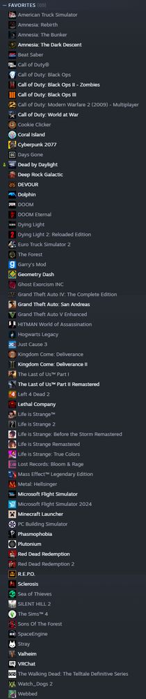 All of my favourite games on Steam: American Truck Simulator, Amnesia: Rebirth, Amnesia: The Bunker, Amnesia: The Dark Descent, Beat Saber, Call of Duty, Call of Duty: Black Ops, Call of Duty: Black Ops II - Zombies, Call of Duty: Black Ops III, Call of Duty: Modern Warfare 2 (2009) - Multiplayer, Call of Duty: World at War, Cookie Clicker, Coral Island, Cyberpunk 2077, Days Gone, Dead by Daylight, Deep Rock Galactic, DEVOUR, Dolphin, DOOM, DOOM Eternal, Dying Light, Dying Light 2: Reloaded Edition, Euro Truck Simulator 2, The Forest, Garry's Mod, Geometry Dash, Ghost Exorcism INC, Grand Theft Auto IV: The Complete Edition, Grand Theft Auto: San Andreas, Grand Theft Auto V Enhanced, HITMAN World of Assassination, Hogwarts Legacy, Just Cause 3, Kingdom Come: Deliverance, Kingdom Come: Deliverance II, The Last of Us Part 1, The Last of Us Part II Remastered, Left 4 Dead 2, Lethal Company, Life is Strange, Life is Strange 2, Life is Strange: Before the Storm Remastered, Life is Strange Remastered, Life is Strange: True Colors, Lost Records: Bloom & Rage, Mass Effect Legendary Edition, Metal: Hellsinger, Microsoft Flight Simulator, Microsoft Flight Simulator 2024, Minecraft, PC Building Simulator, Phasmophobia, Plutonium, Red Dead Redemption, Red Dead Redemption 2, R.E.P.O., Sclerosis, Sea of Thieves, SILENT HILL 2, The Sims 4, Sons of the Forest, SpaceEngine, Stray, Valheim, VRChat, The Walking Dead: The Telltale Definitive Series, Watch_Dogs 2 and Webbed.