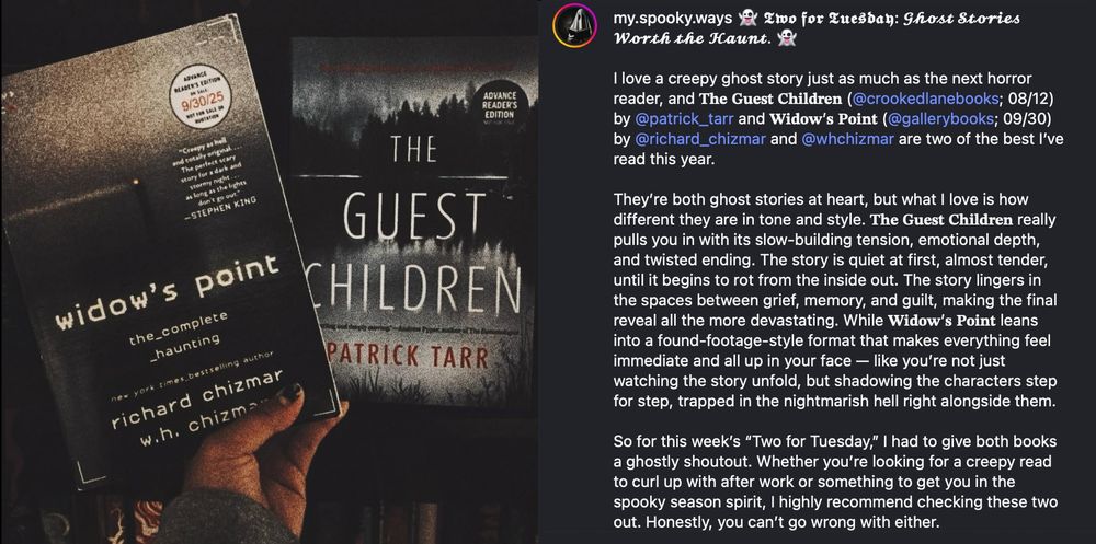A screencap of a book review of The Guest Children and Widow's Point on Instagram by @my.spooky.ways. A hand holds both books aloft. 