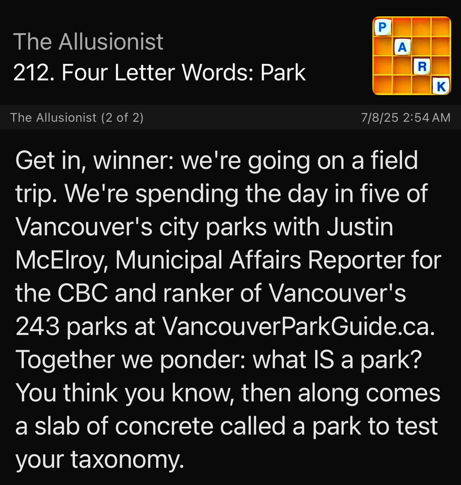 A screencap of the Allusionist episode about parks with guest Justin McEloy, CBC reporter.