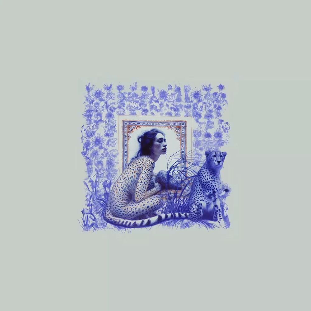 Screenshot art video from Glitchy Beauty, called #1 First.
A woman with a cheeta pattern obn het skin, on the right a cheeta. Predominantly blue coloured.