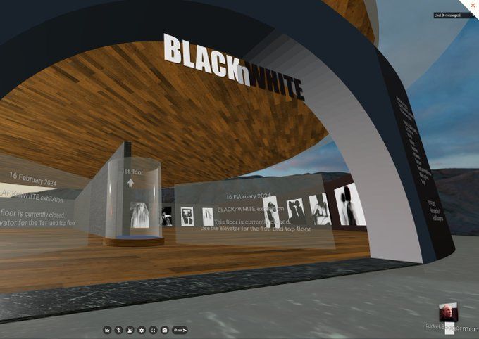 Screenshot of the BLACKnWHITE virtual reality exhibition in progress in the Raboo Museum of Digital Art - Pavilion Two.
in the distance, artworks from Elizabedsch and NoFaithLeft