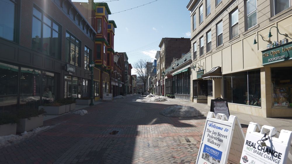 Street filled with small shops in winter