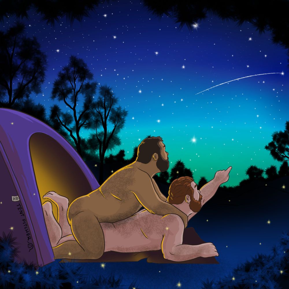 Two cartoon daddy bears are having sex while star gazing at a camp site. 
