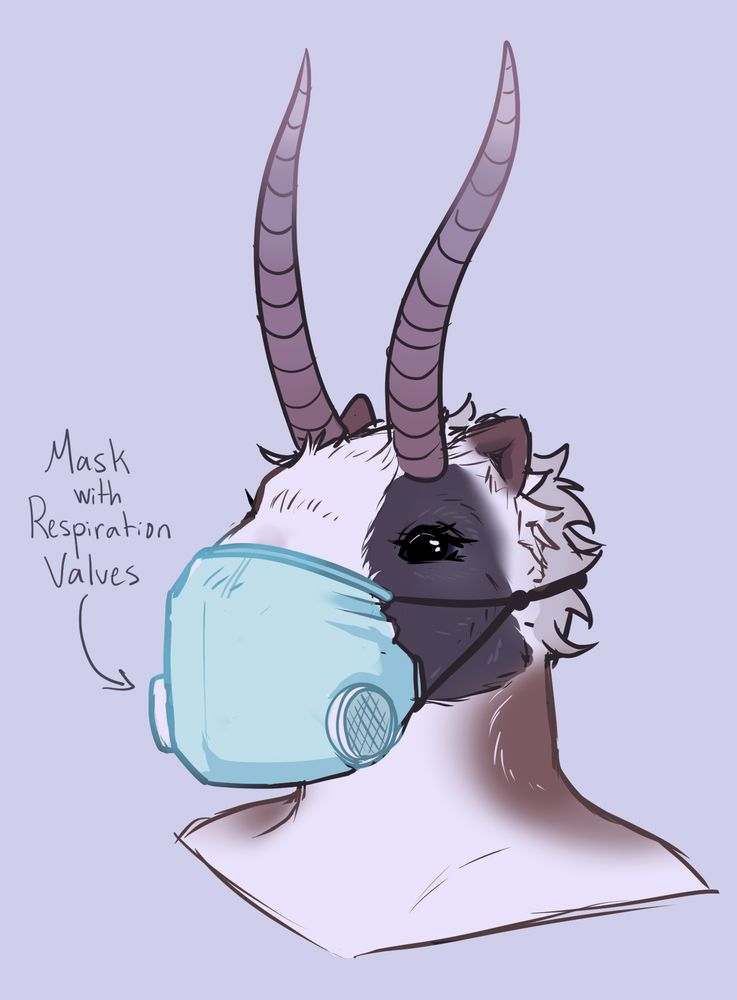 A saiga antelope anthro wearing a mask. Text reads: “Mask with Respiration Valves”