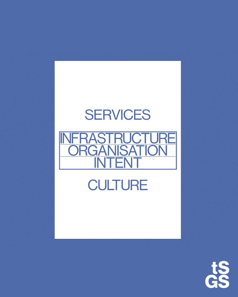 A white poster on purple background that says service, infrastructure, organisation, intent, culture as a stack