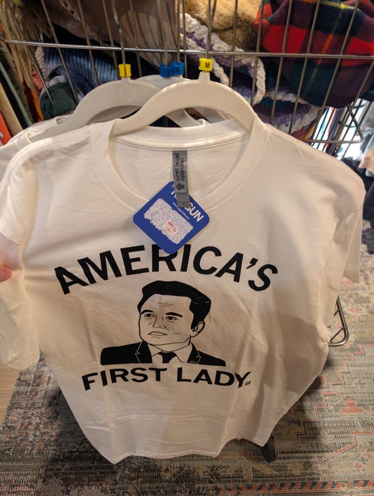 A shirt with a picture of elon musk labelled "America's first lady"
