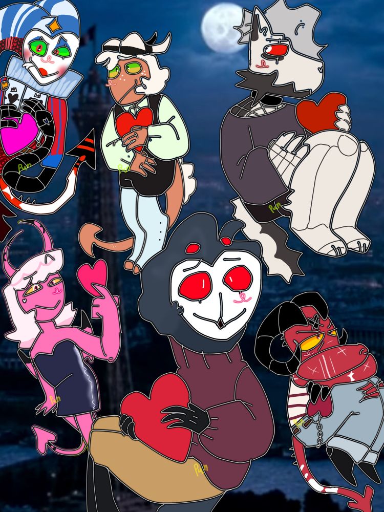 very quick full body drawings with everyone holding a heart 