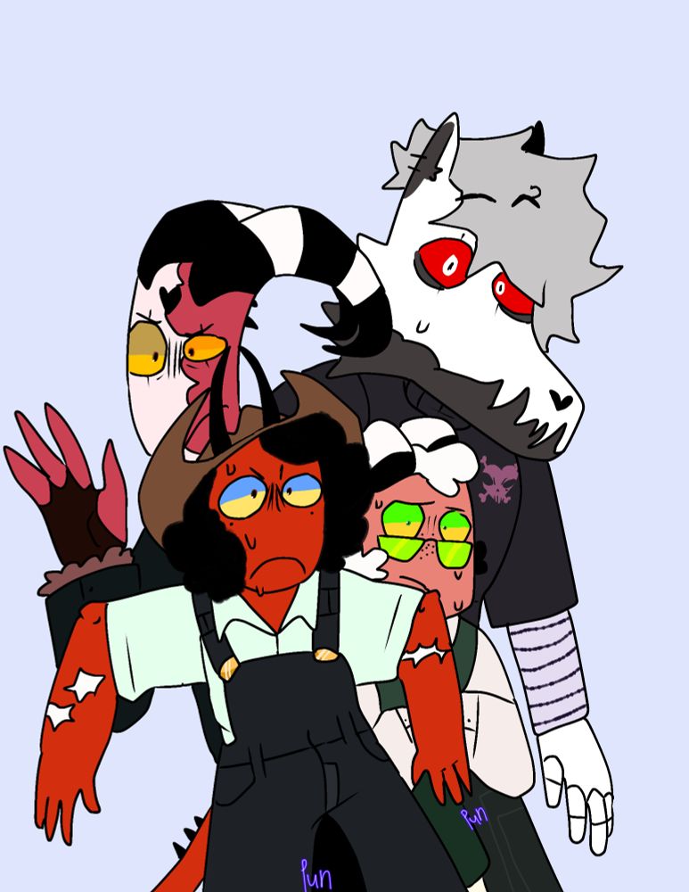 a digital drawing of millie,moxxie, blitzo and loona all looking around scared and wide eyed. without shading
