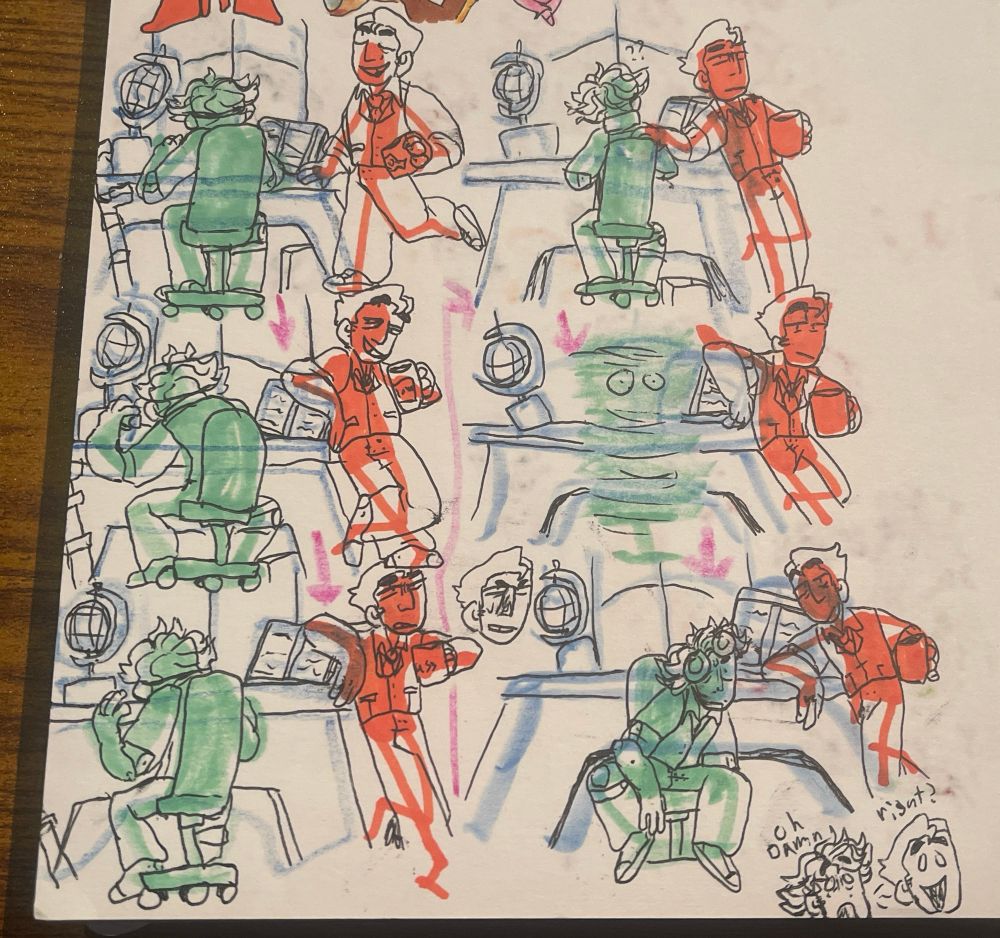 a simple comic that originally had dialog  but it would cover my already scribble art. the comic starts from left then down then up right then down.they are reacting to mel flirting with sky.(viktor,is it me or mel has gotten much more friendly with dear sky? “no jayce,i think you just sweated your brain out being a blacksmith” jayce then spins viktor’s chair and goes “oh damn” jayce responds responds”right?!” they yuring out