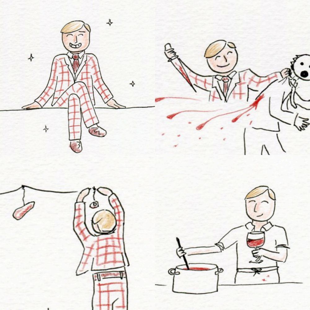 4 cropped illustrations of Hannibal Lecter from my comic "I am Perfectly Normal" in which he is wearing his iconic red plaid suit and doing canon-compliant activities like looking smug, murder, cooking, and making meat-based décor.