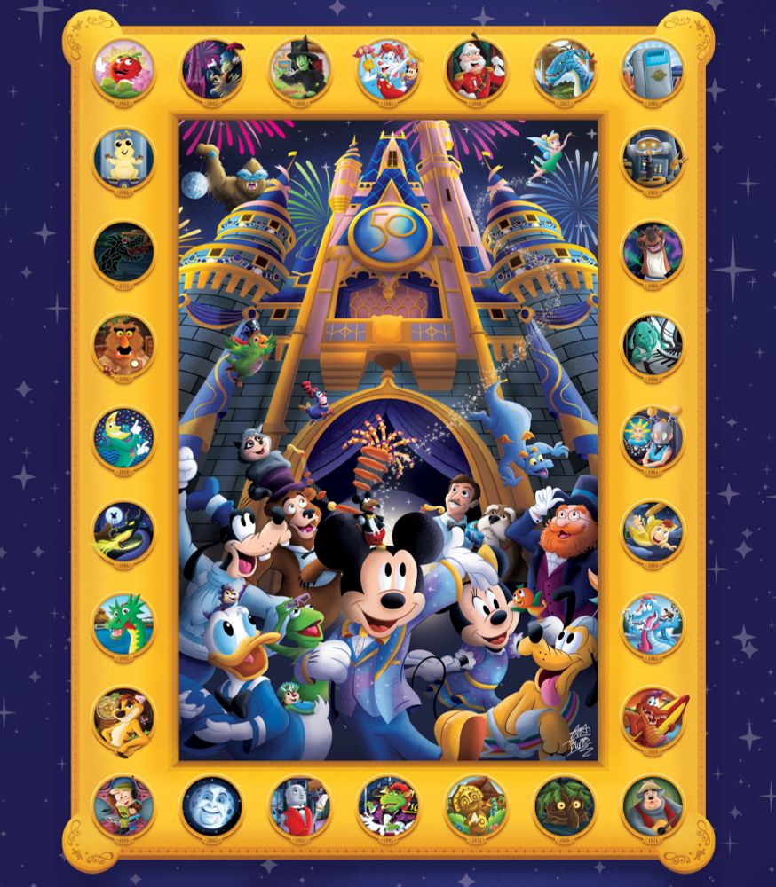 Illustrated poster for Walt Disney World's 50th anniversary featuring 50 different resort characters drawn over 50 days featured in a gold frame