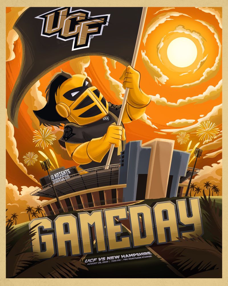 Illustrated gameday poster for the first home game of the UCF Knights' 2024 football season, featuring Knightro waving a flag during a sunset
