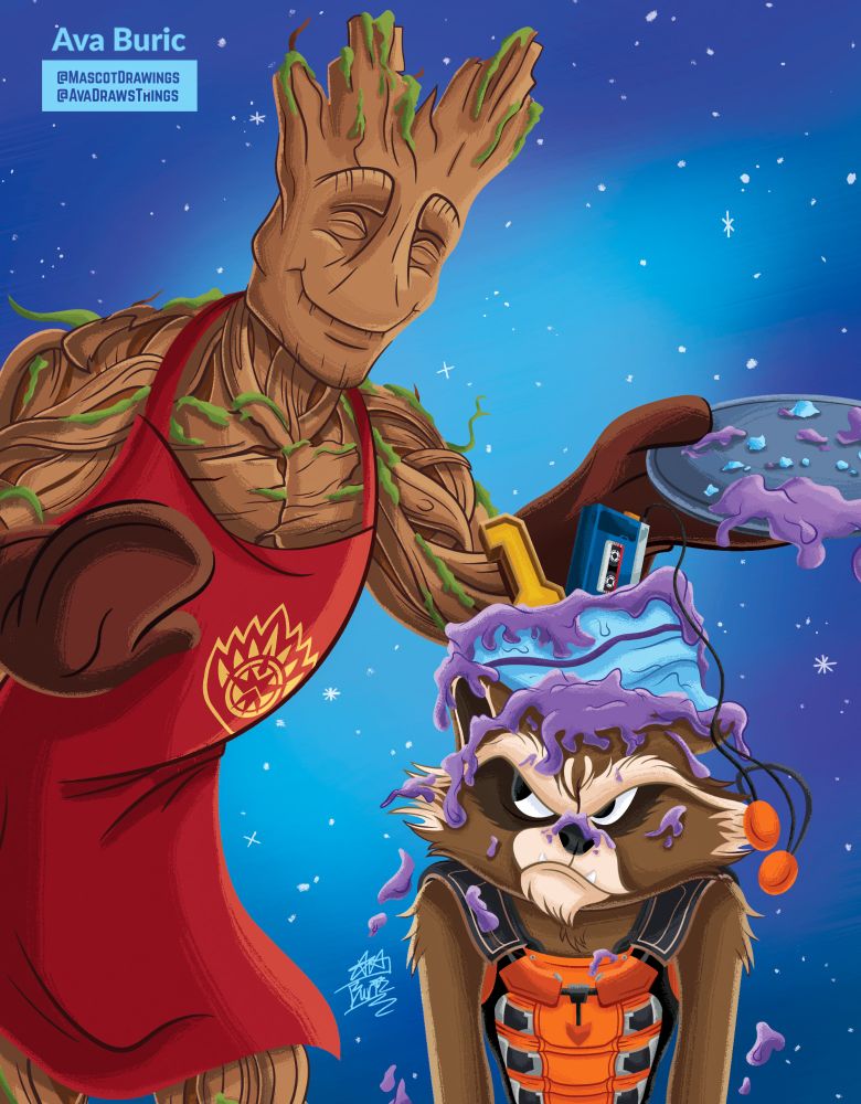 Illustrated storybook-styled art of Rocket and Groot from Guardians of the Galaxy to celebrate the film's 10th anniversary 
