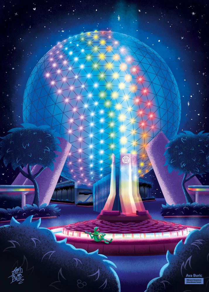 Illustration of Kermit the Frog underneath Spaceship Earth at Disney's EPCOT for the 2024 Stop Hate Fundraiser