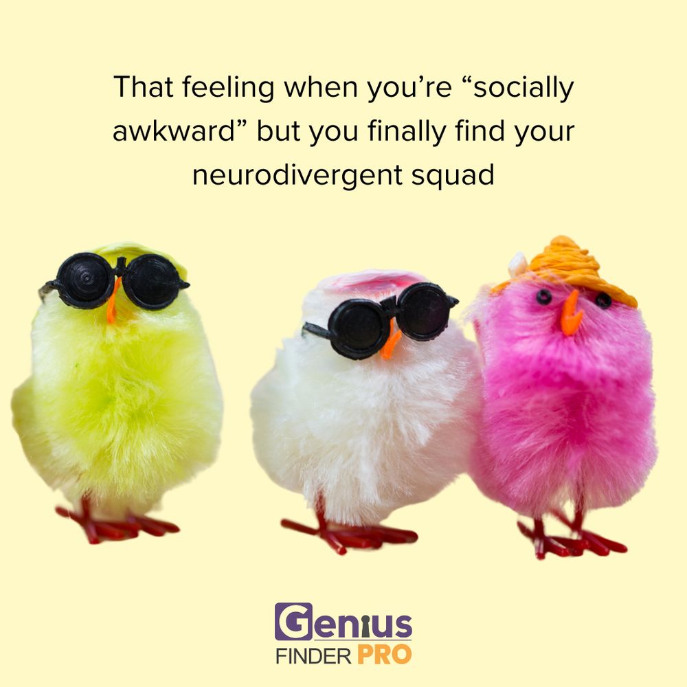 That feeling when you're "socially awkward" but you finally find your neurodivergent squad. Image of three colourful easter chicken toys wearing sunglasses and a hat. Logo for the Genius Finder.