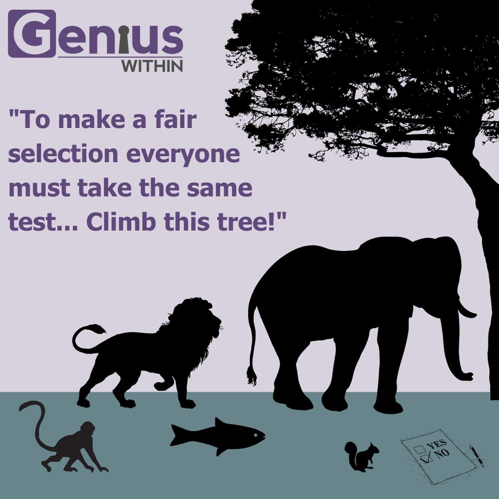 illustration of a monkey, lion, fish, elephant and squirrel standing next to a tree. Text reads: "to maker a fair selection everyone must take the same test... climb this tree!". 