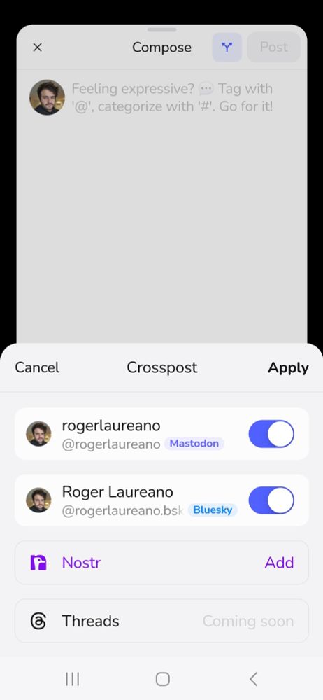 Interface de crosspost do app openvibes.