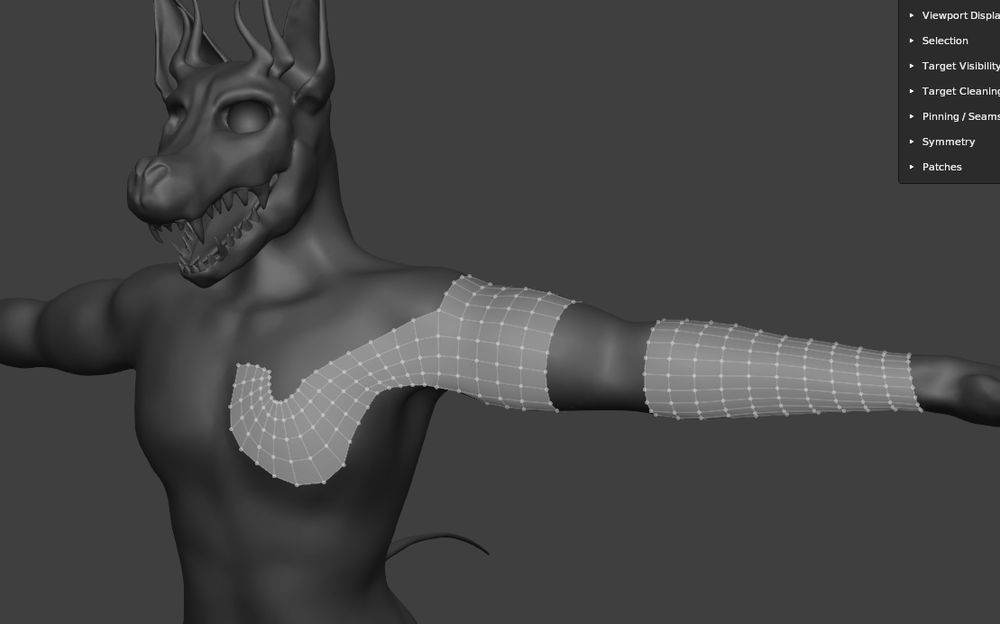 Retopology of arm sculpt of a 3D skulldog avatar for VR Chat.