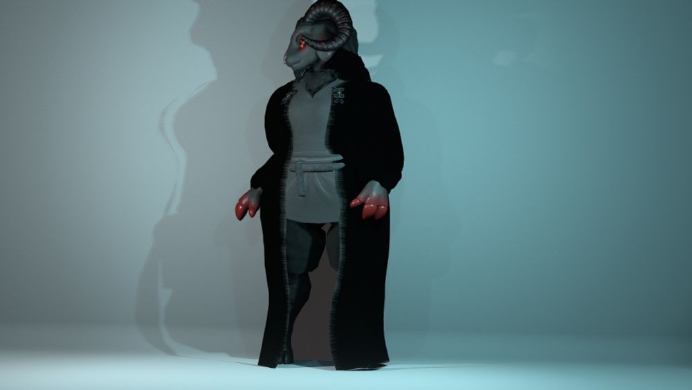 3d vrchat model of a ram demon in a mage cloak, this time with the hood back and wide angle.