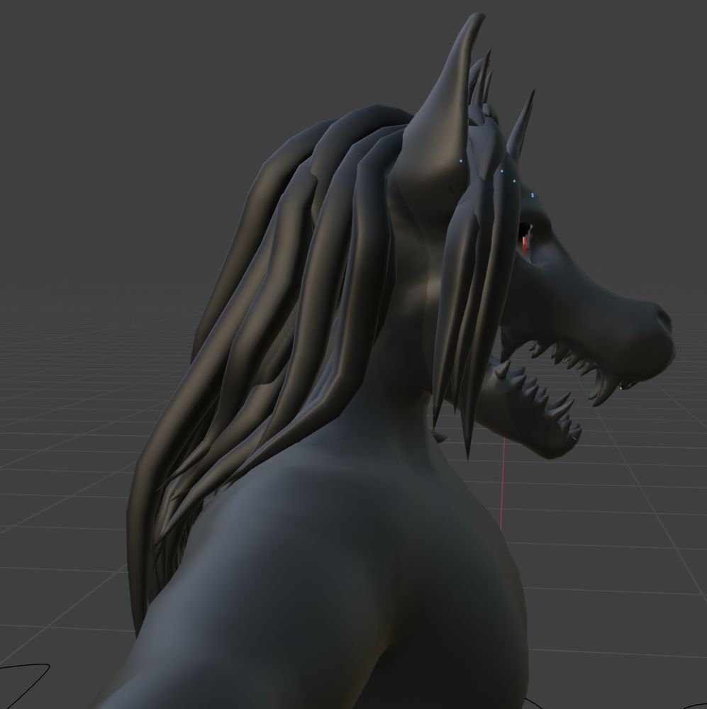 Work in progress of hair modeling for a skulldog 3D model avatar for VRChat.