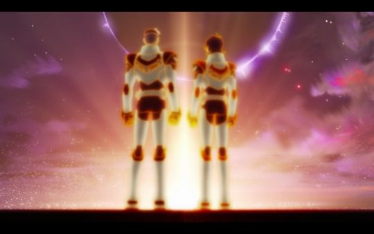 shiro and Keith from voltron standing gayly alongside each other on the astral plane with their backs against the camera
