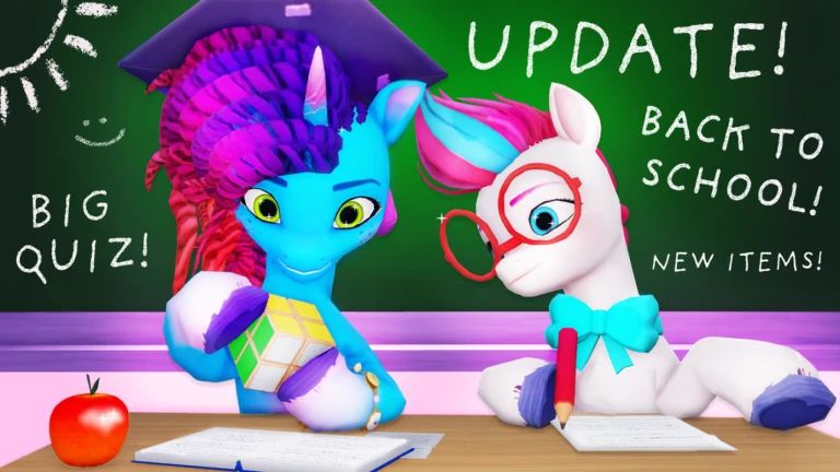 image of my little pony RP. Misty is playing with a rubik cube and zipp is watching. the ponies are in a classroom in front of a blackboard