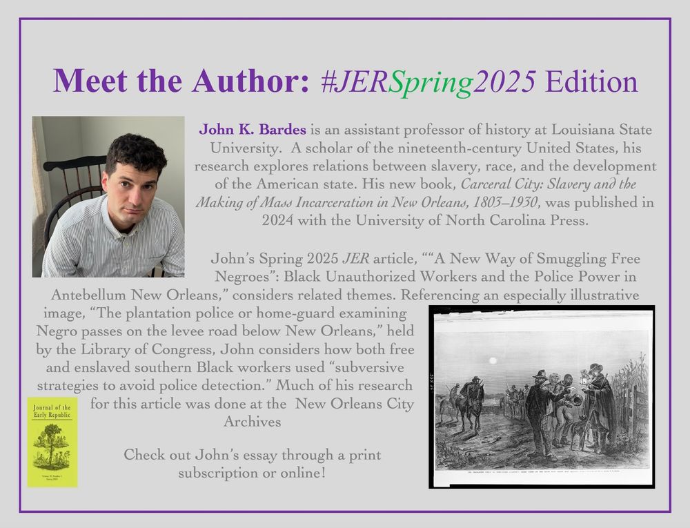 a grey flyer with a purple border along with a headshot of a man sitting in a wooden chair staring directly at the camera, a black and white print of several figures standing along a dirt road at dusk, and a green book cover. 