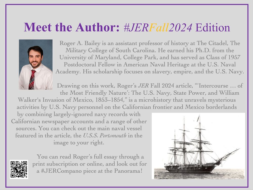 grey and purple flyer featuring grey text, a QR code, a headshot image of a man in a white shirt and red tie against a blue background, and a large ship.