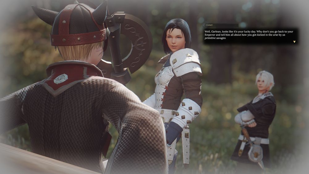 2. A reverse of the prior shot. Standing over Apollo is a Hyuran woman with a large circular axe and white leather armor. This is Aislinn "Comet" Hawleigh, the 1.0 Warrior of Light. She's smirking as she holds her axe effortlessly with just one arm. Behind her, out of focus, is Thancred with his arms crossed and a mildly annoyed expression.

> Comet: Well, Garlean, looks like it's your lucky day. Why don't you go back to your Emperor and tell him all about how you got kicked in the arse by us primitive savages.