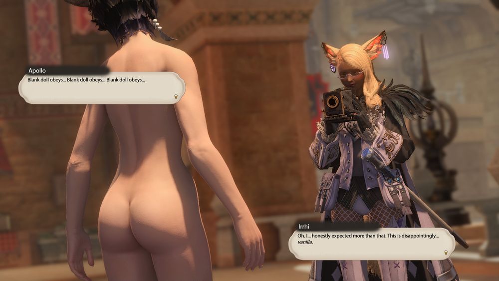 A shot with Apollo in front, facing away from the camera, still slumped and dazed. Irrhi looks down at its camera with a disappointed expression.

> Apollo: Blank doll obeys... Blank doll obeys... Blank doll obeys...
> Irrhi: Oh. I... honestly expected more than that. This is disappointingly... vanilla.