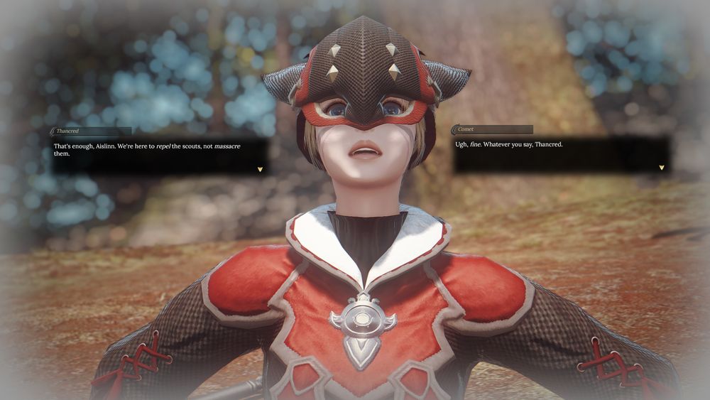 1. Apollo on the ground in the Black Shroud. This is a past version of her, back during 1.0 when she was a lancer in the XIVth Legion. She's looking up at an unseen figure in absolute terror. There's a vignette around the scene to emphasize the pastness of the moment, and the dialogue boxes are in the 1.0 style instead of the style used in ARR onwards.

> Thancred: That's enough, Aislinn. We're here to repel the scouts, not massacre them.
> Comet: Ugh, fine. Whatever you say, Thancred.
