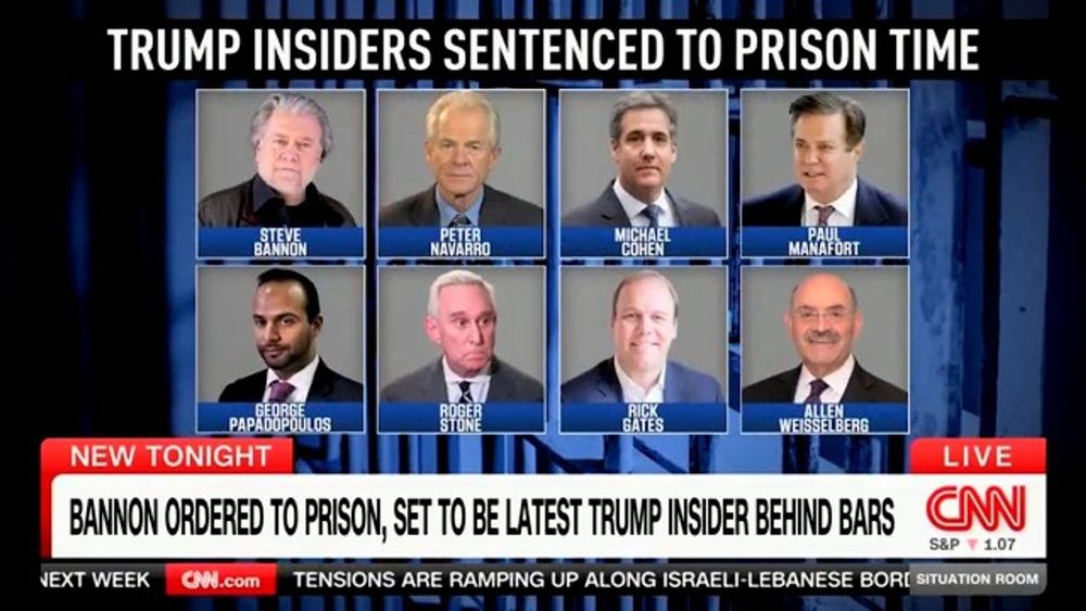 A screenshot from CNN with the headline "TRUMP INSIDERS SENTENCED TO PRISON TIME" with portraits of various associates of Donald Trump including Steve Bannon, Peter Navarro, Michael Cohen, Paul Manafort, Roger Stone, etc.