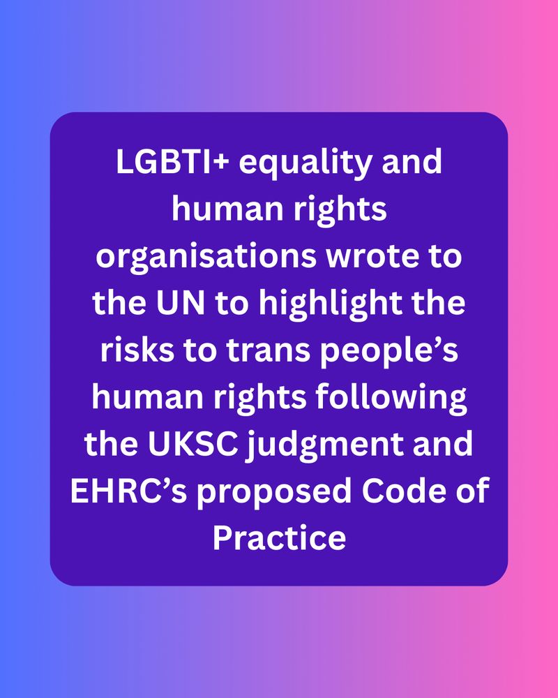 A purple and pink graphic stating, LGBTI+ equality and human rights organisations wrote to the UN to highlight the risks to trans people's human rights following the UKSC judgment and EHRC's Code of Practice