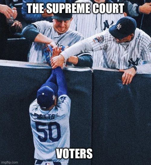 a meme: Dodgers player Mookie Betts is labeled “VOTERS” and two Yankees fans grabbing at him to interfere with play are labeled “THE SUPREME COURT” 