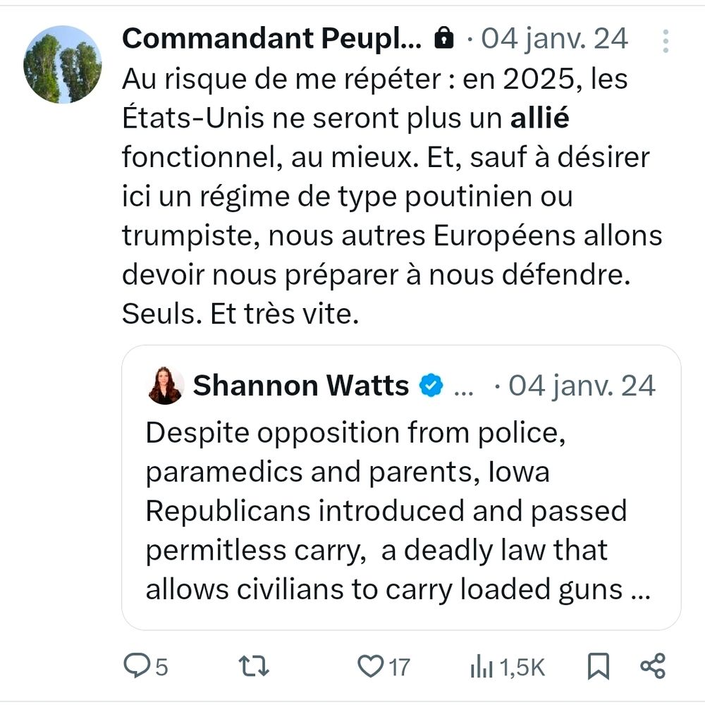 Texte d'un de mes tweets du 4 janvier 2024 : "Au risque de me répéter : en 2025, les États-Unis ne seront plus un allié fonctionnel, au mieux. Et, sauf à désirer ici un régime de type poutinien ou trumpiste, nous autres Européens allons devoir nous préparer à nous défendre. Seuls. Et très vite."