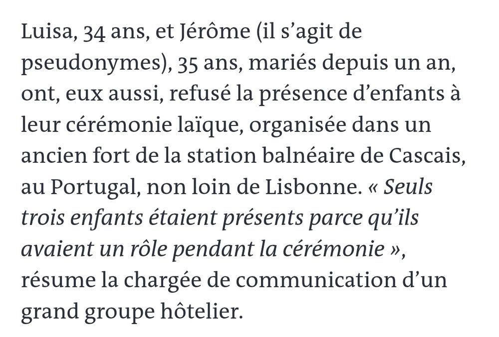 Extrait d'un article du Monde sur les mariages où les enfants ne sont pas les bienvenus.