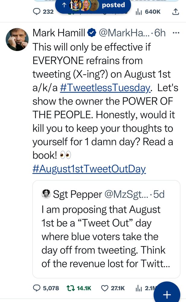 Mark Hammil tweet asking for a Twitter strike Aug 1 
